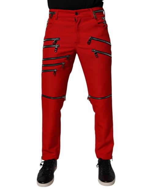 Zipper-Embellished Chino Pants — Red