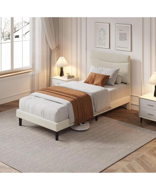 Twin Xl Size Bed Frame with Headboard, Velvet Upholstered Platform Bed Frame No Box Spring Needed with Under-Bed Storage - Beige