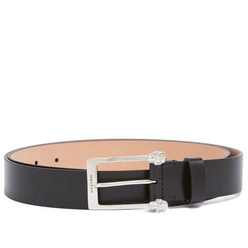 Men's Twin Skull Leather Belt in Black/Silver
