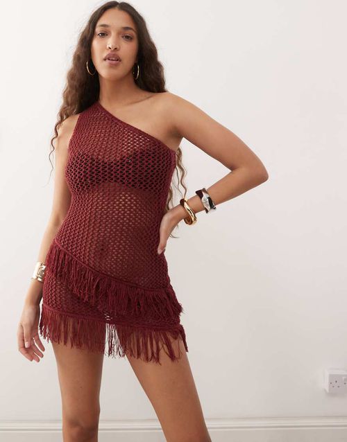 Motel Meloka crochet fringe detail one-shoulder mini dress in berry-Red