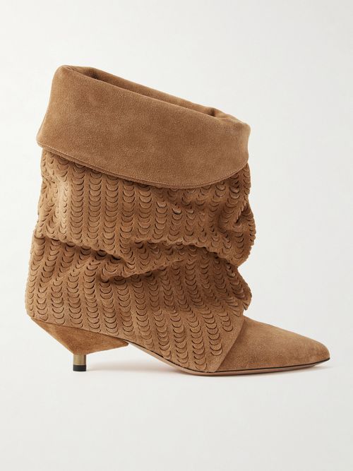 Edrik Gathered Perforated Suede Ankle Boots - Brown