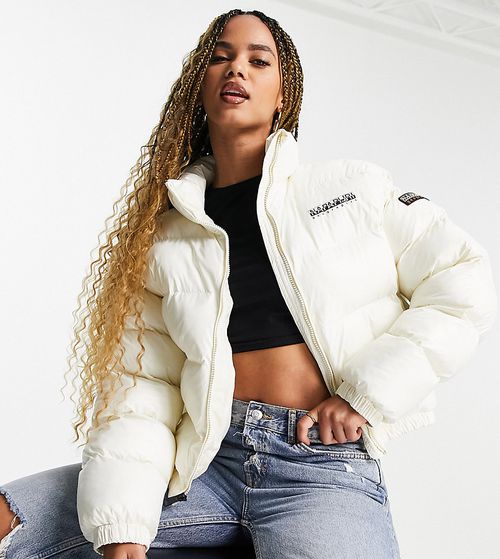 Box cropped patent puffer jacket in off white Exclusive at ASOS