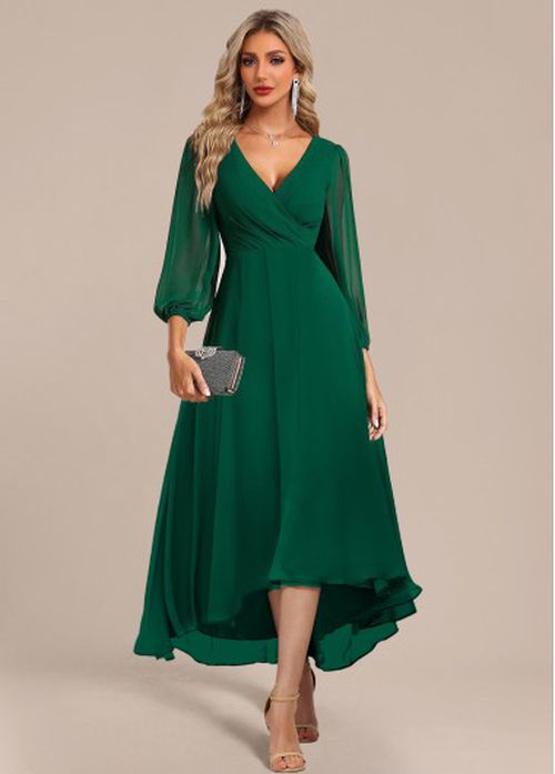 Modlily Green Surplice High Low Three Quarter Length Sleeve Dre