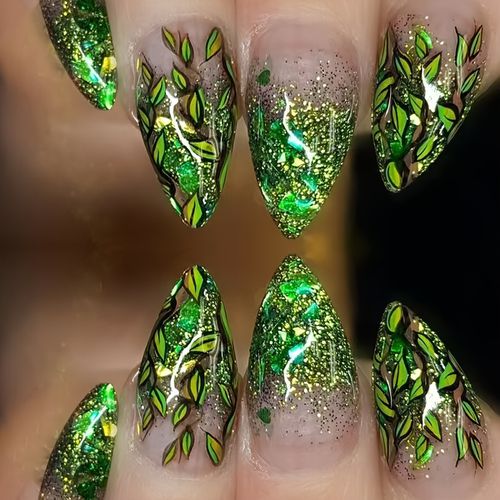 TEMU 24pcs Long Almond-shaped Green Leaf Glitter Fake Nails - Glossy Shimmering Press-on Nails For Parties & Casual Attire, Nail Accessorie