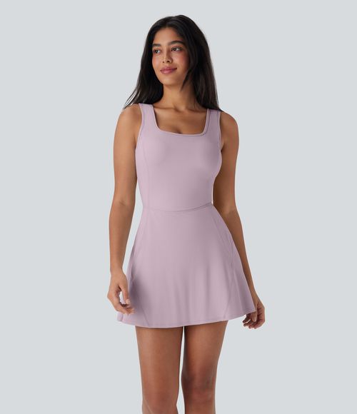 SoftlyZero™ Airy U Neck 2-in-1 Pocket Mini Cool Touch Dance Active Dress-Easy Peezy Workout Dress - Pink Purple