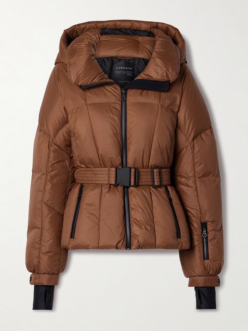 Monterosa Belted Hooded Quilted Down Ski Jacket - Brown