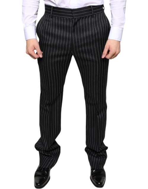 Pinstriped Wool-Blend Trousers — Black