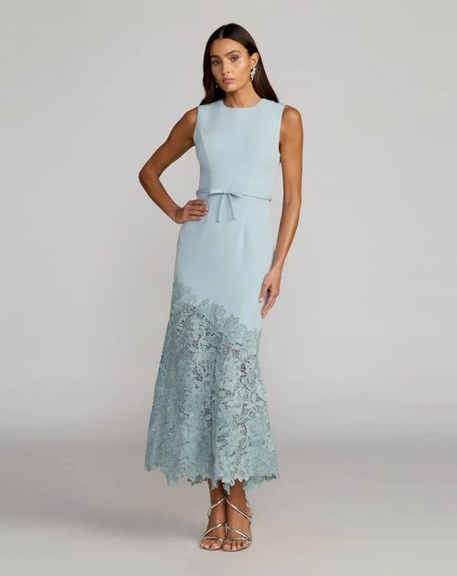 Blue Embroidered Hem Sleeveless Midi Dress with Bow