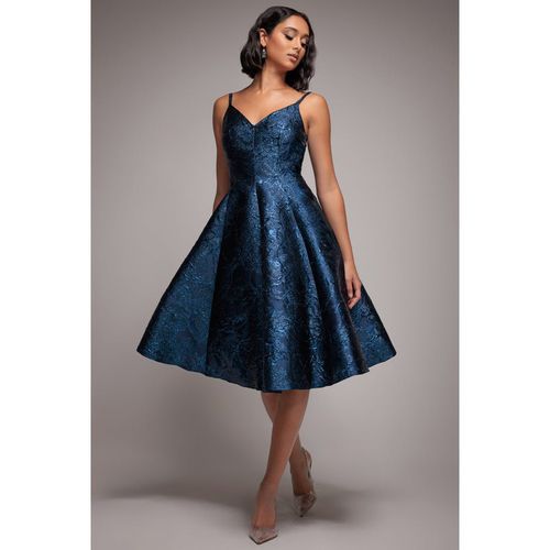 Goddiva Jacquard Sleeveless A-line Midi Dress - Navy Blue