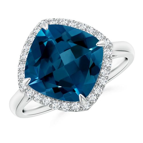 Angara 5.15 Carats Claw-Set Cushion London Blue Topaz Cocktail Halo Ring in Platinum