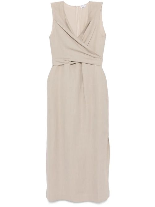 Wrap-Effect Midi Dress — Beige