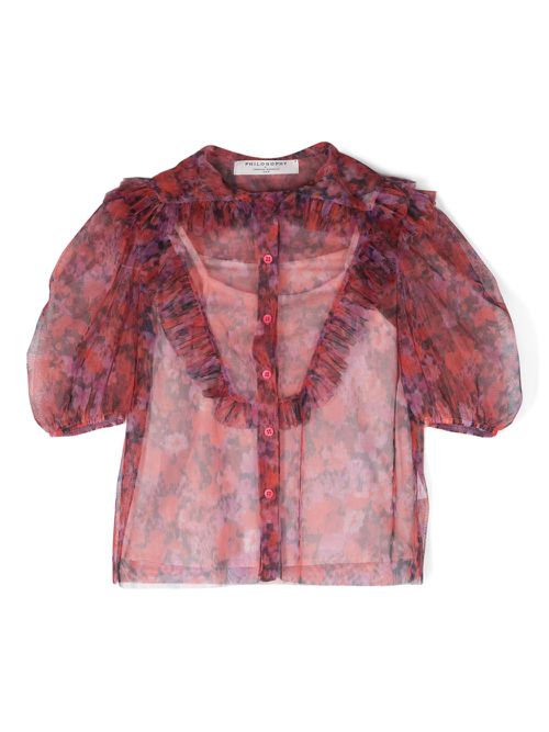 Ruffled semi-sheer blouse - Red