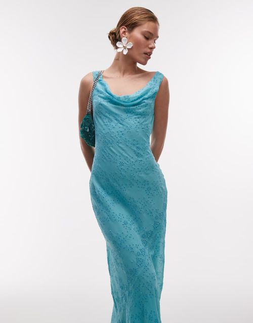 Topshop premium double layered cowl slip with beading and broderie in teal-Blue