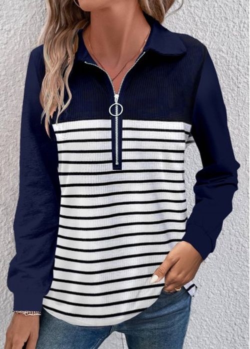 Modlily Navy Zipper Striped Long Sleeve T Shirt