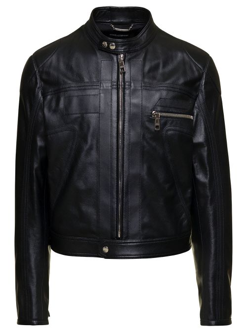Black Cropped Biker Jacket With Padded Details In Nappa Leather Man