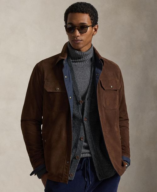 Men's Reversible Suede-Taffeta Shirt Jacket - Cooper Brown/collection Navy