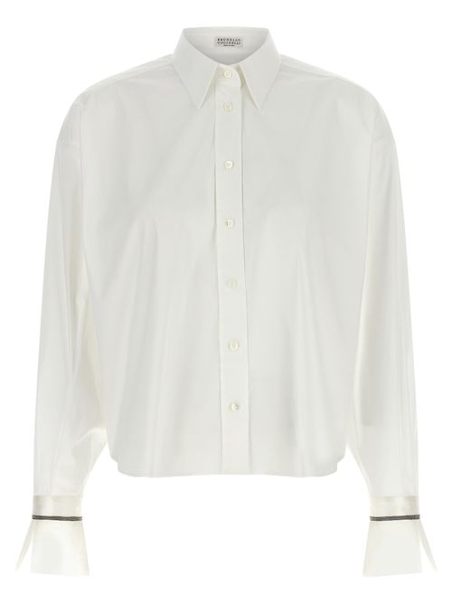 Cotton Blend with Monile Cuffs Blouse — White