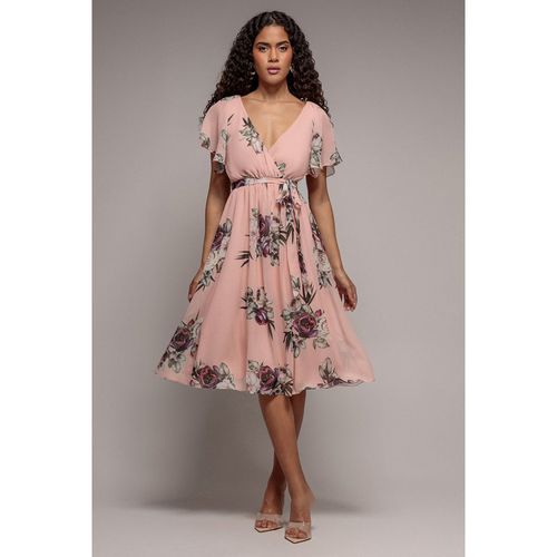 Goddiva Floral Printed Flutter Sleeve Chiffon Midi Dress - Peach