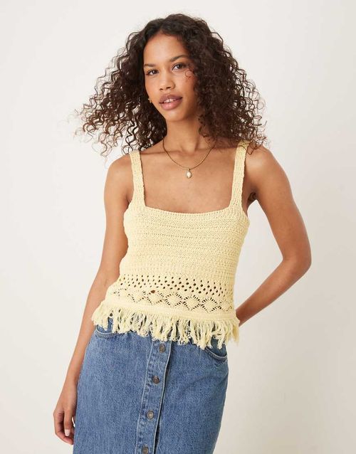 Knitted crochet top with fringing in buttermilk yellow