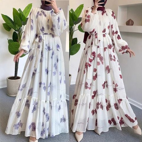 Ladies Fashion Elegant Holiday Round Neck Chiffon Flower With Belt Long Dre
