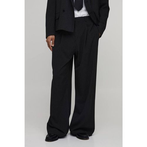 Pinstripe Wide Leg Pleat Front Tailored Trousers | Black