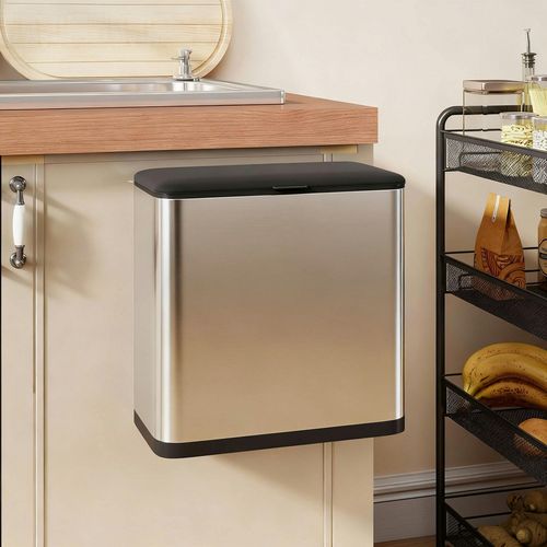 HOMCOM 8L Hanging Kitchen Bin, Rubbish bin w/ Stay-Open Lid for Under Sink - Silver