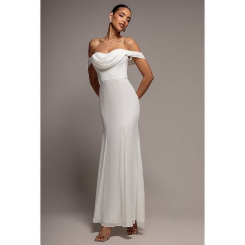 Goddiva Chiffon Bardot Cowl Neck Maxi Dress - White