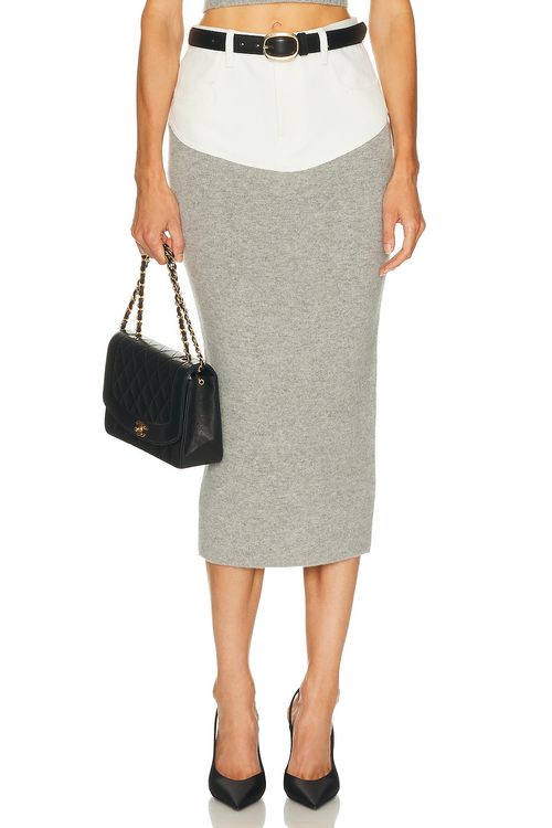 Self-portrait Knit Denim Insert Midi Skirt in Grey - White,Light Grey. XS also in
