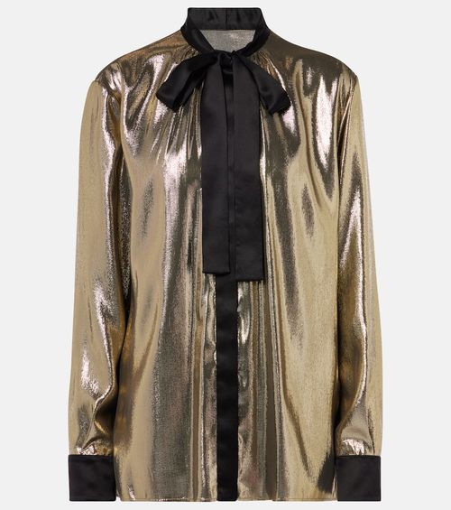 Tie-neck silk-blend lamé blouse