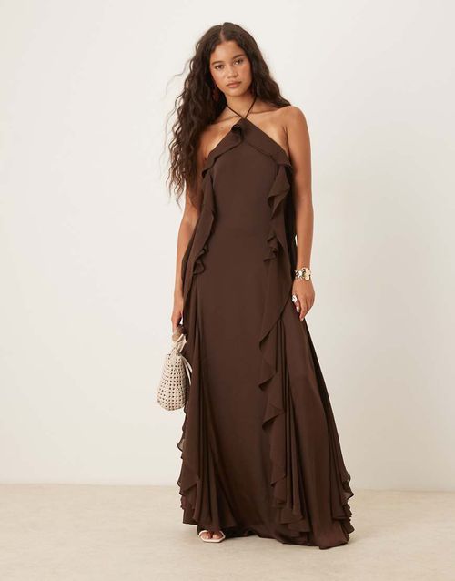 Exclusive halter ruffle maxi dress in chocolate-Brown