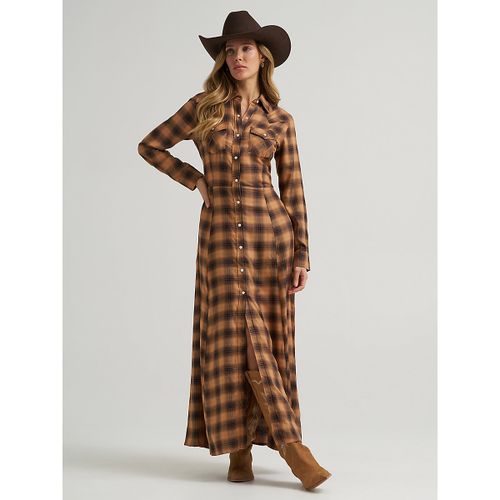 Women's Western Flannel Maxi Shirt Dress in Brown