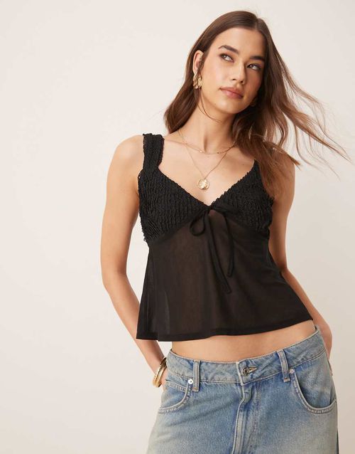 Textured cami top with mesh mix in black