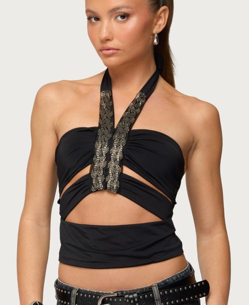 Women's Zola Cutout Beaded Halter Top - Black