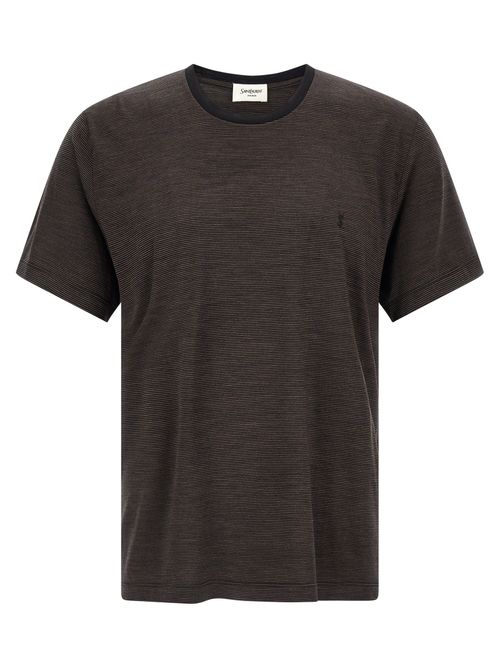Horizontal-Striped Wool T-Shirt — Brown