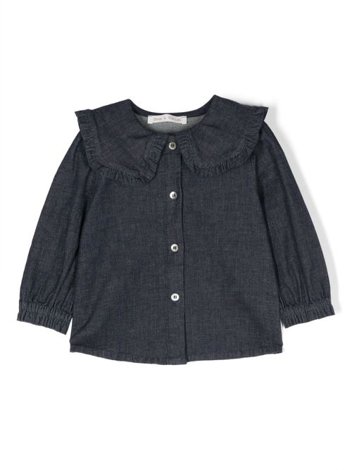 Ruffled-trim washed denim blouse - Blue