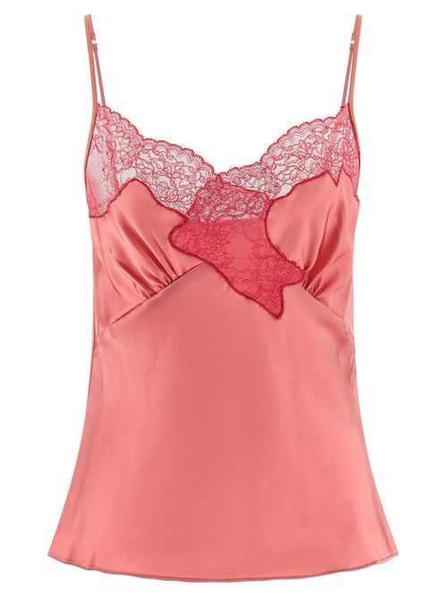 Lace-Insert Satin Tank Top — Coral