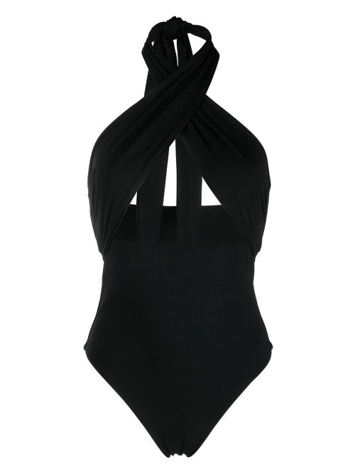 Cut-out crossover-neck tie swimsuit - Black