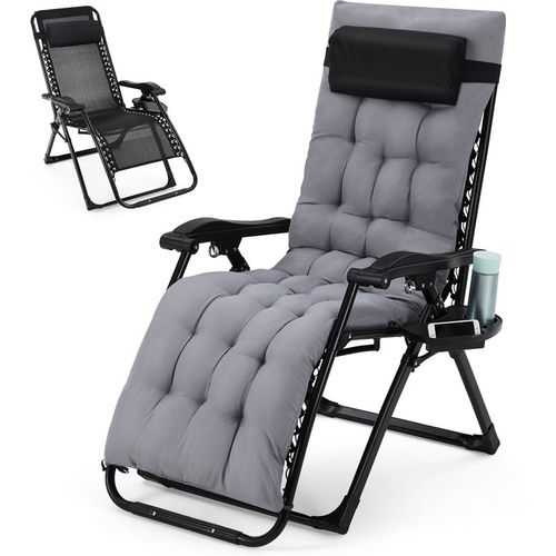 Garvee Zero Gravity Lounge Chair, 29'' Recliner Chair with Removable Cushion, Headrest, Footrest, and Cupholder, Adjustable Folding Chairs for Outside and Inside, Grey