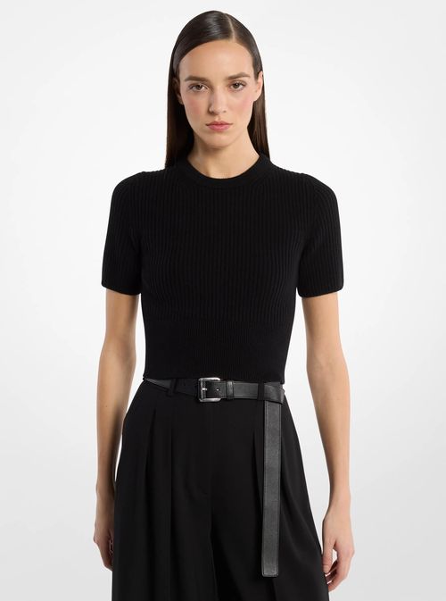 Ribbed Cashmere Three-Quarter Sleeve Cropped Sweater