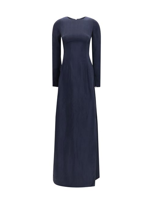 Crew Neck Long-Sleeve Cupro Dress — Navy