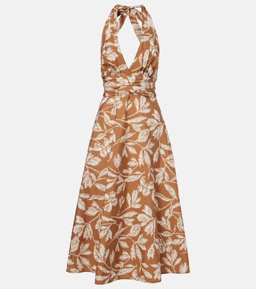 Halterneck printed cotton midi dress