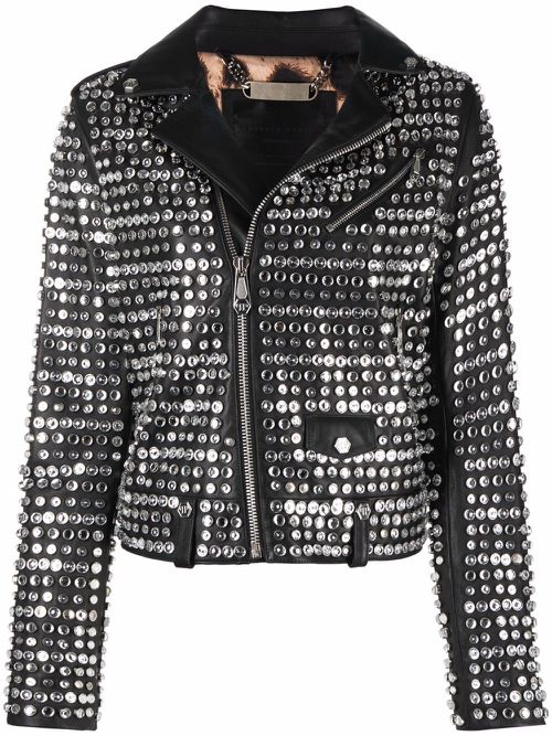 Crystal-embellished leather jacket - Black