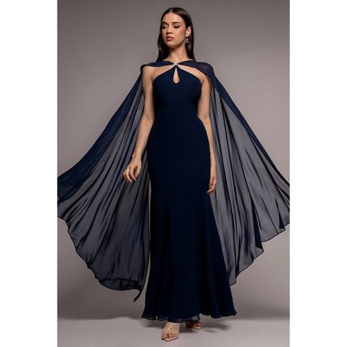 Goddiva Multiway Cape Chiffon With Embellished Trim Maxi Dress - Navy Blue