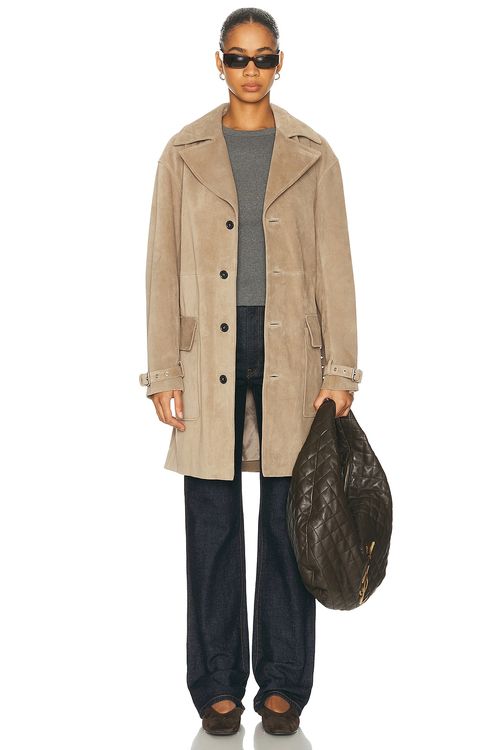 FRAME The Suede Trench Jacket in Light Camel - Tan. XS also in L