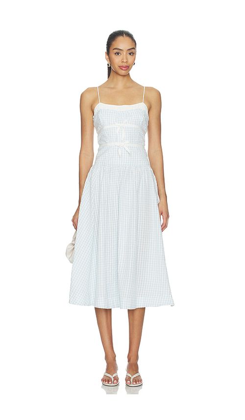 For Love & Lemons Georgia Gingham Midi Dress in Baby Blue. XS. Also in S, M
