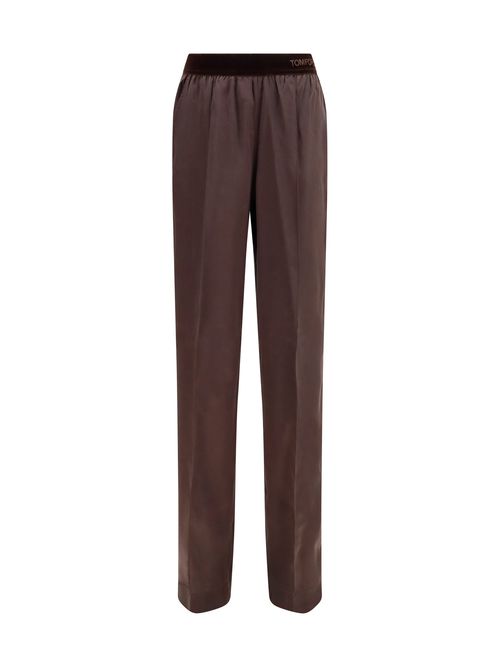 Stretch Silk Satin Trousers — Brown