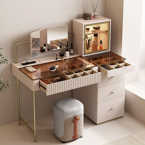 Ensemble de maquillage blanc moderne, coiffeuse avec rangement pour bijoux, armoire et tabouret