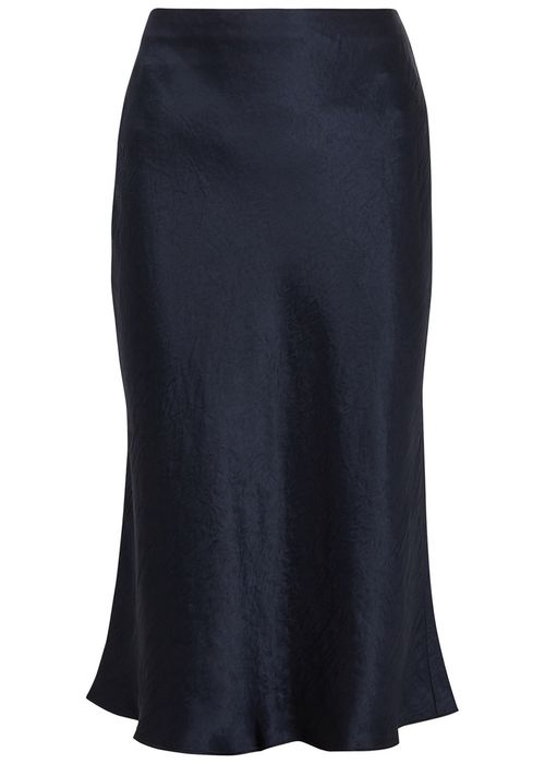 Hammered Satin Midi Skirt - Navy - XL
