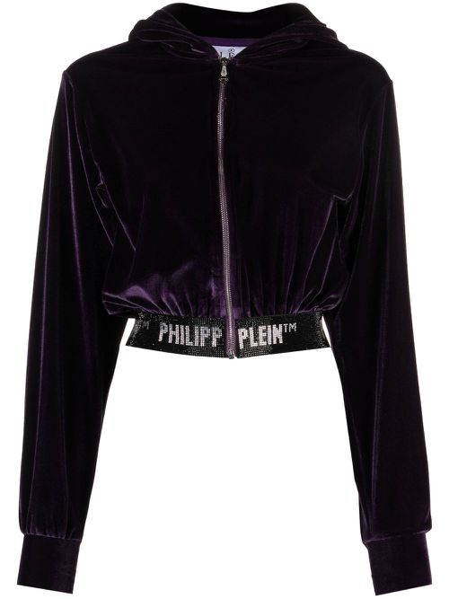 Logo-embellishment velour hoodie - Purple
