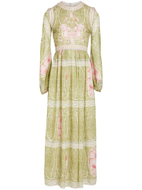 Peonies-print silk georgette dress - Green